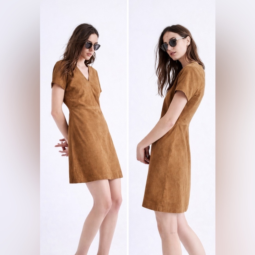 Madewell Genuine Leather Dress Brown V-Neck Mini Shift Size M Western Boho